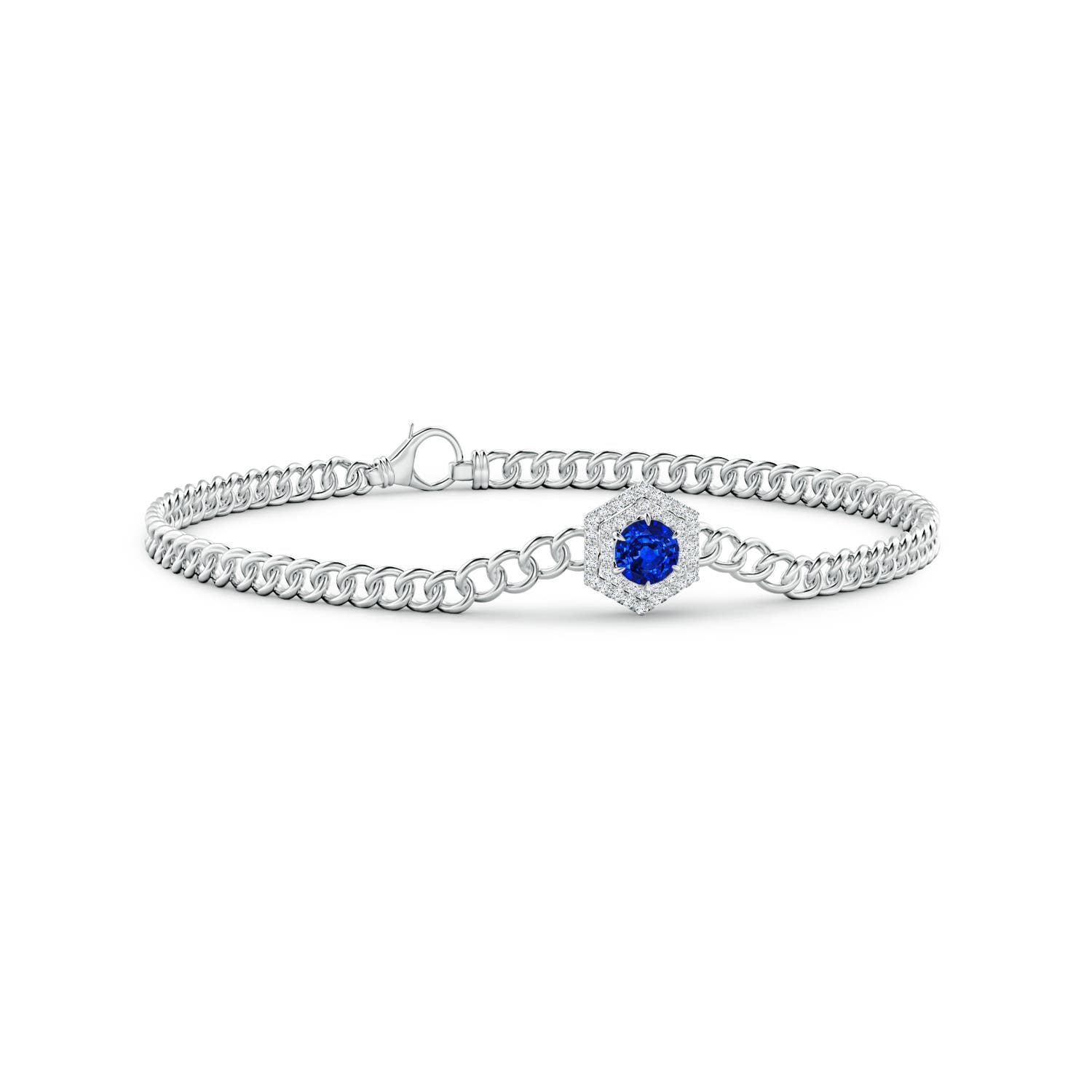 4.5mm AAAA Round Sapphire Bracelet with Hexagonal Double Halo in White Gold