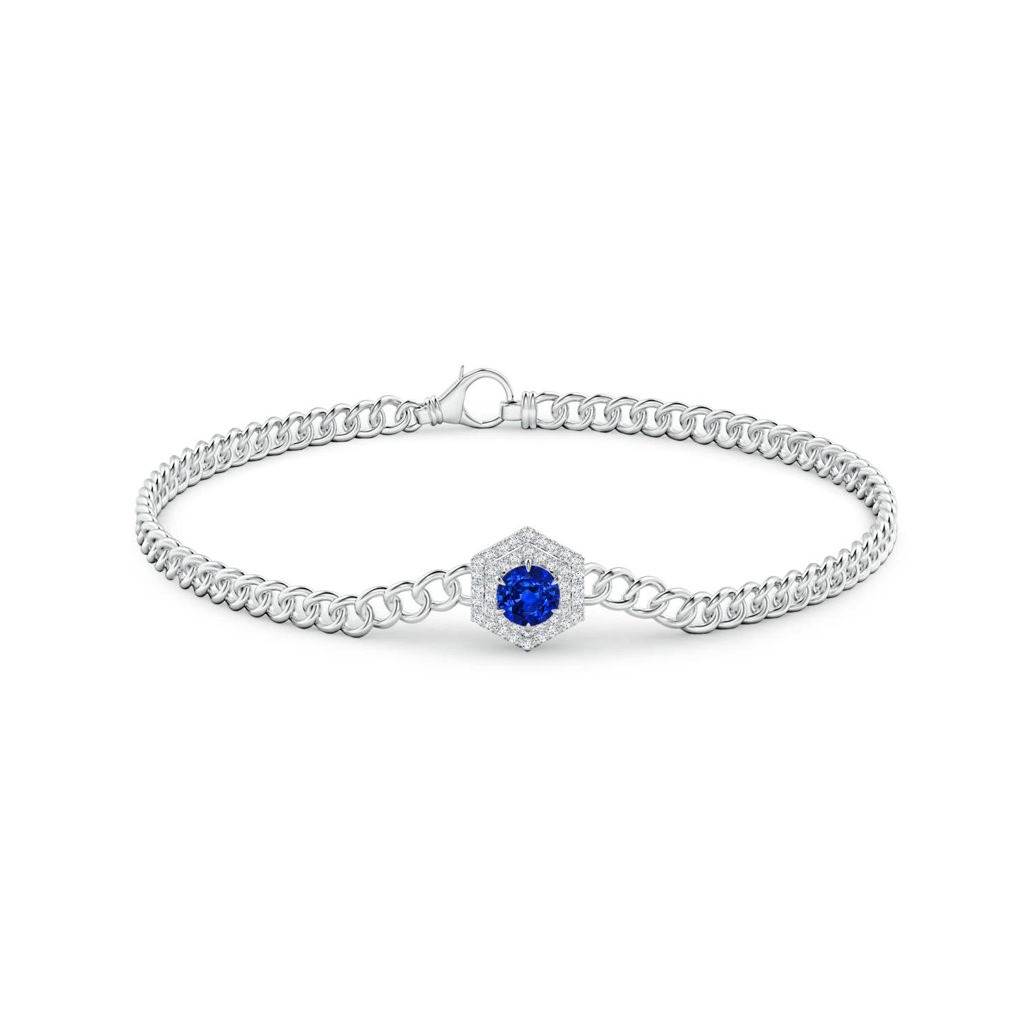 4.5mm AAAA Round Sapphire Bracelet with Hexagonal Double Halo in White Gold