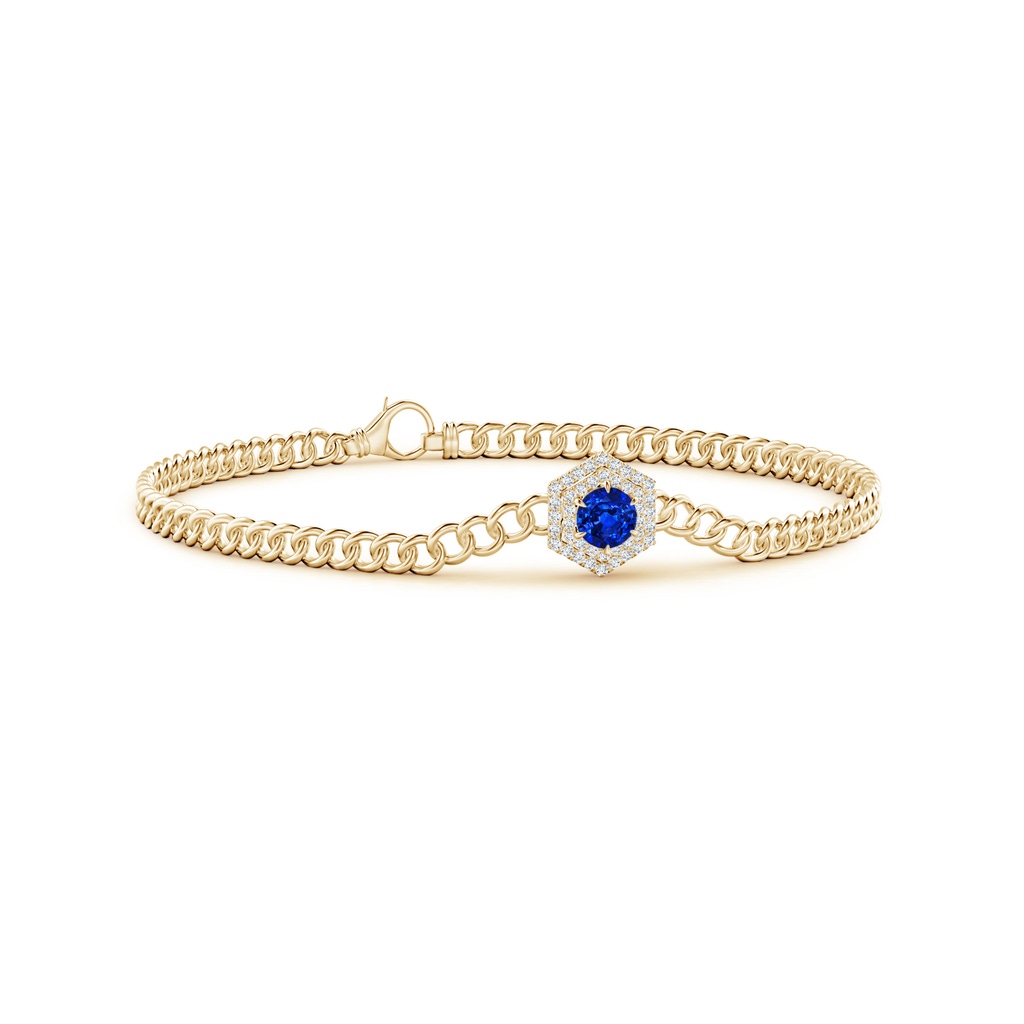4.5mm AAAA Round Sapphire Bracelet with Hexagonal Double Halo in Yellow Gold