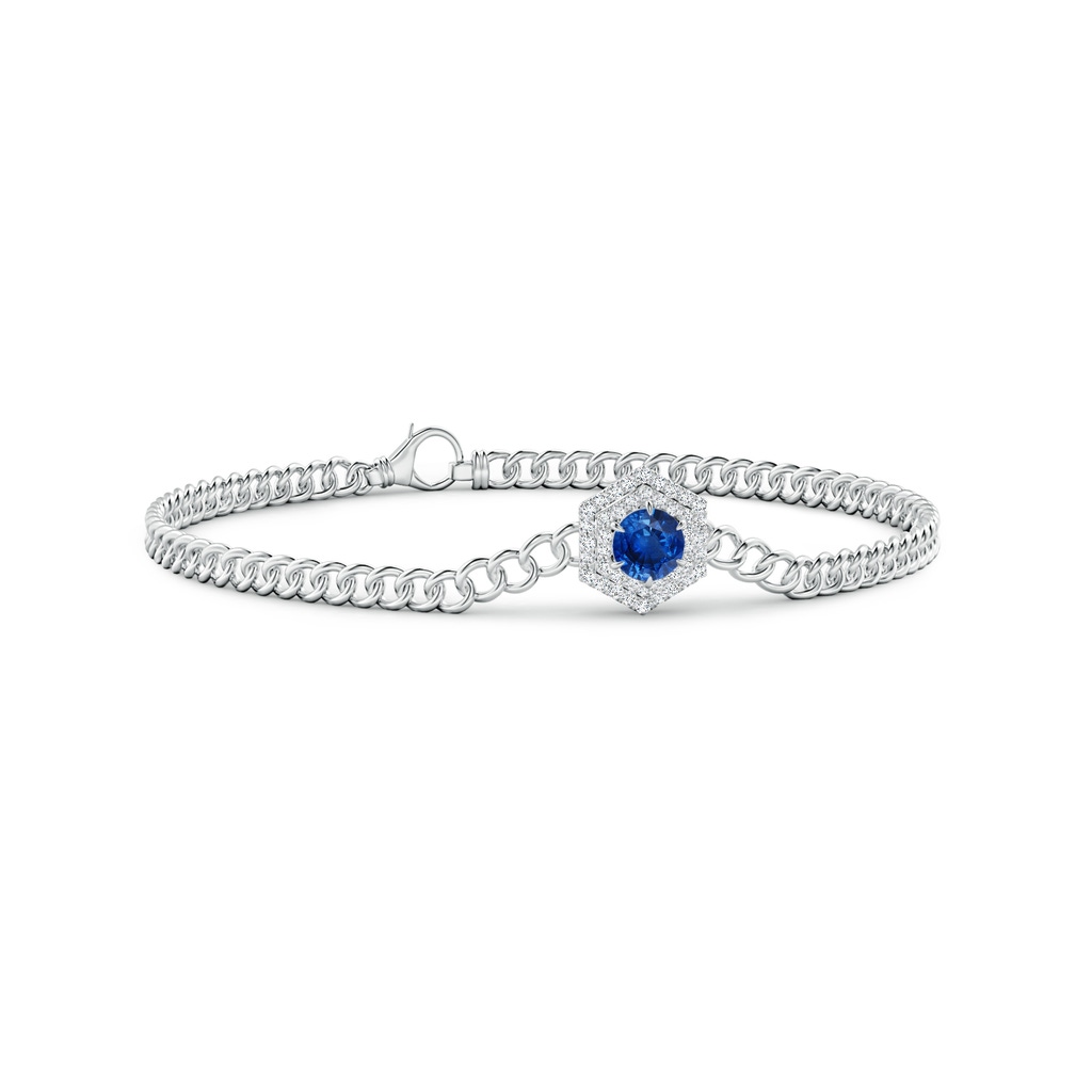 5mm AAA Round Sapphire Bracelet with Hexagonal Double Halo in White Gold 