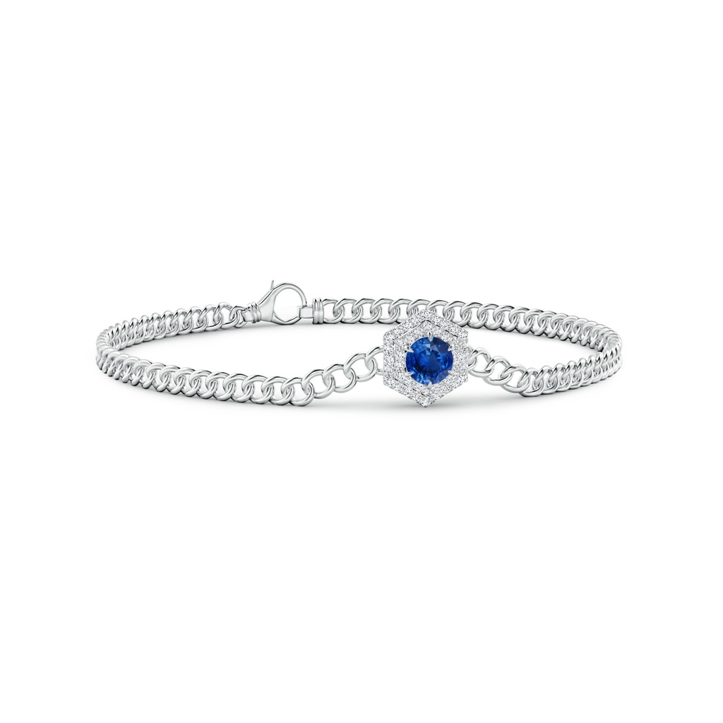 5mm AAA Round Sapphire Bracelet with Hexagonal Double Halo in White Gold