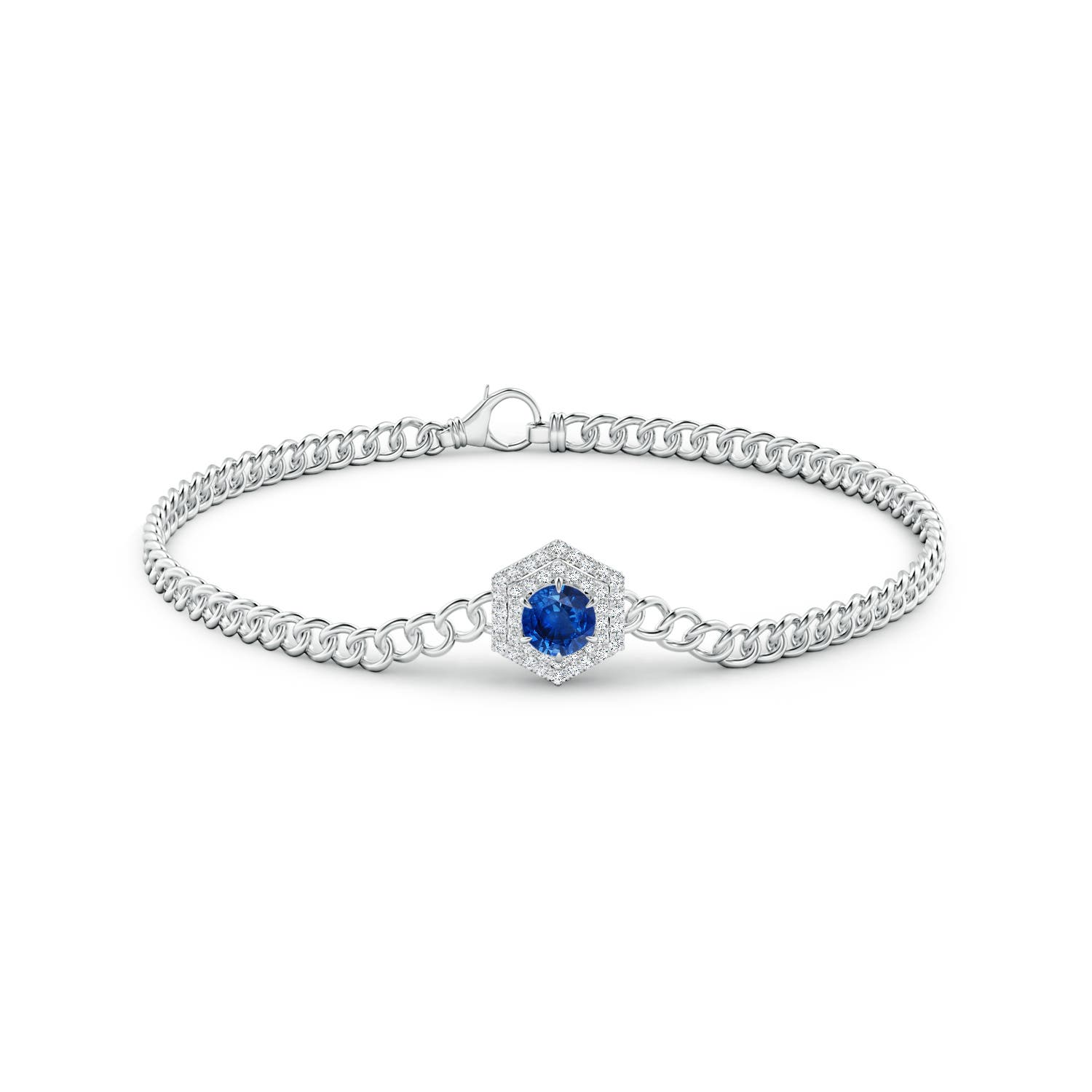 5mm AAA Round Sapphire Bracelet with Hexagonal Double Halo in White Gold