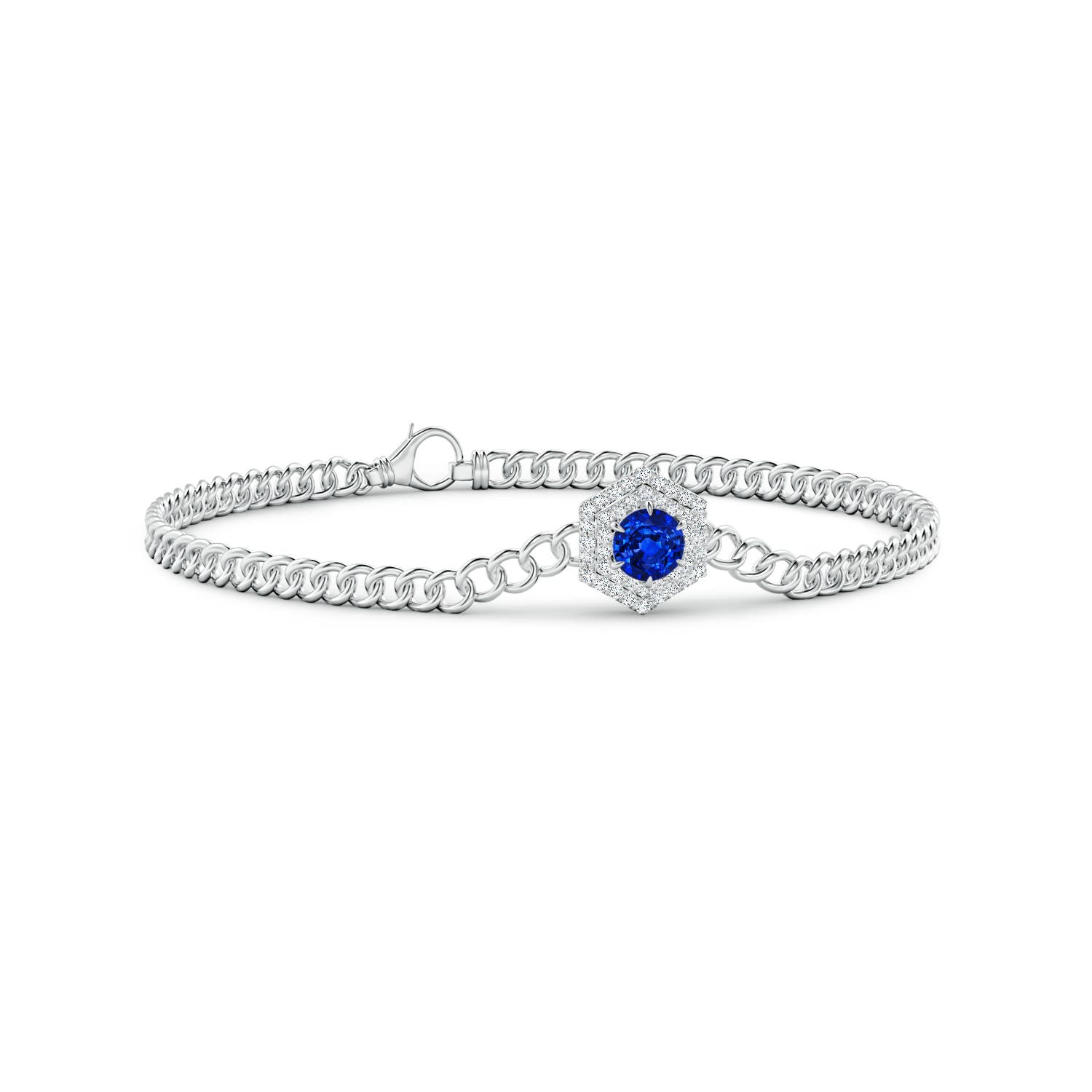 5mm AAAA Round Sapphire Bracelet with Hexagonal Double Halo in White Gold