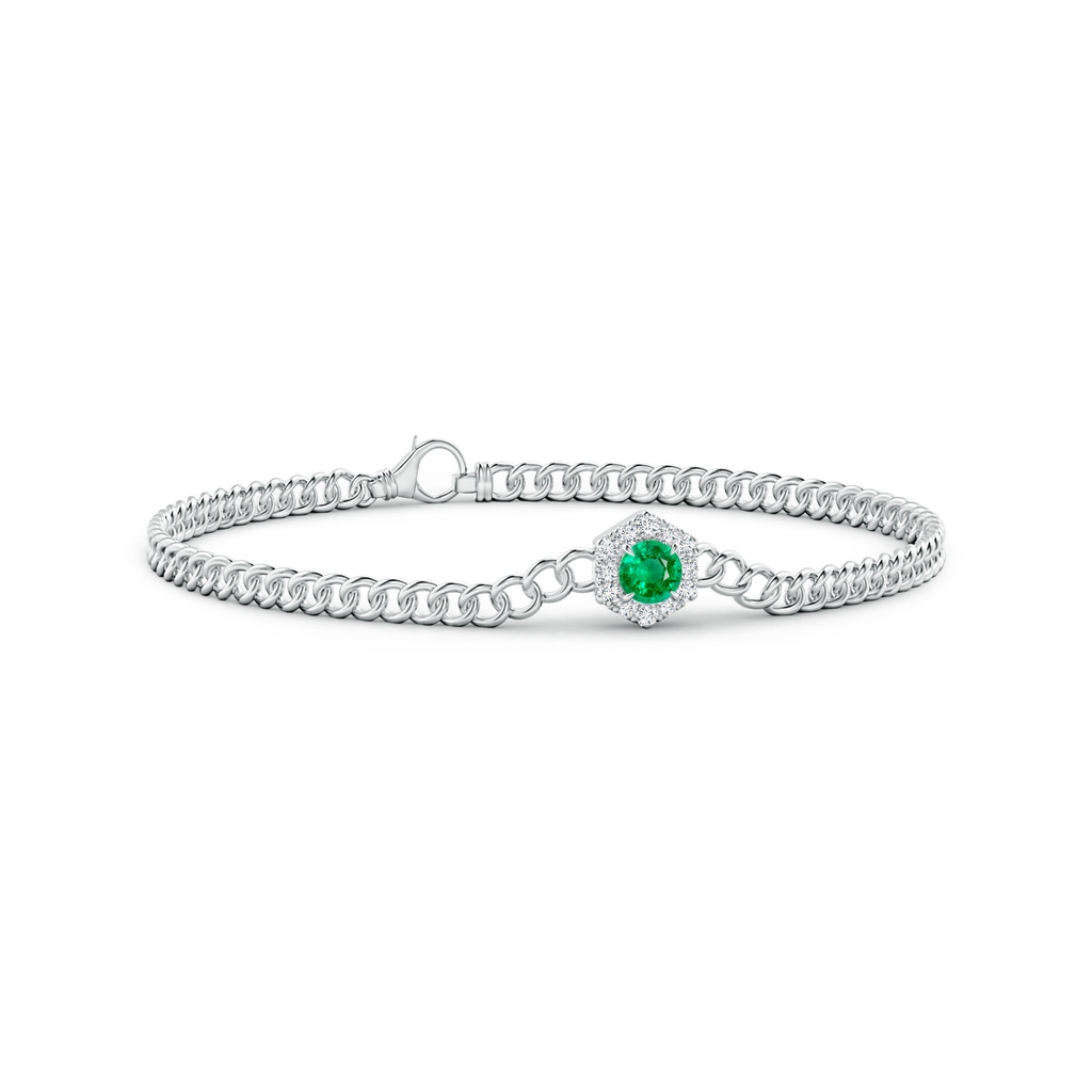 4mm AAA Round Emerald Bracelet with Hexagonal Diamond Halo in White Gold