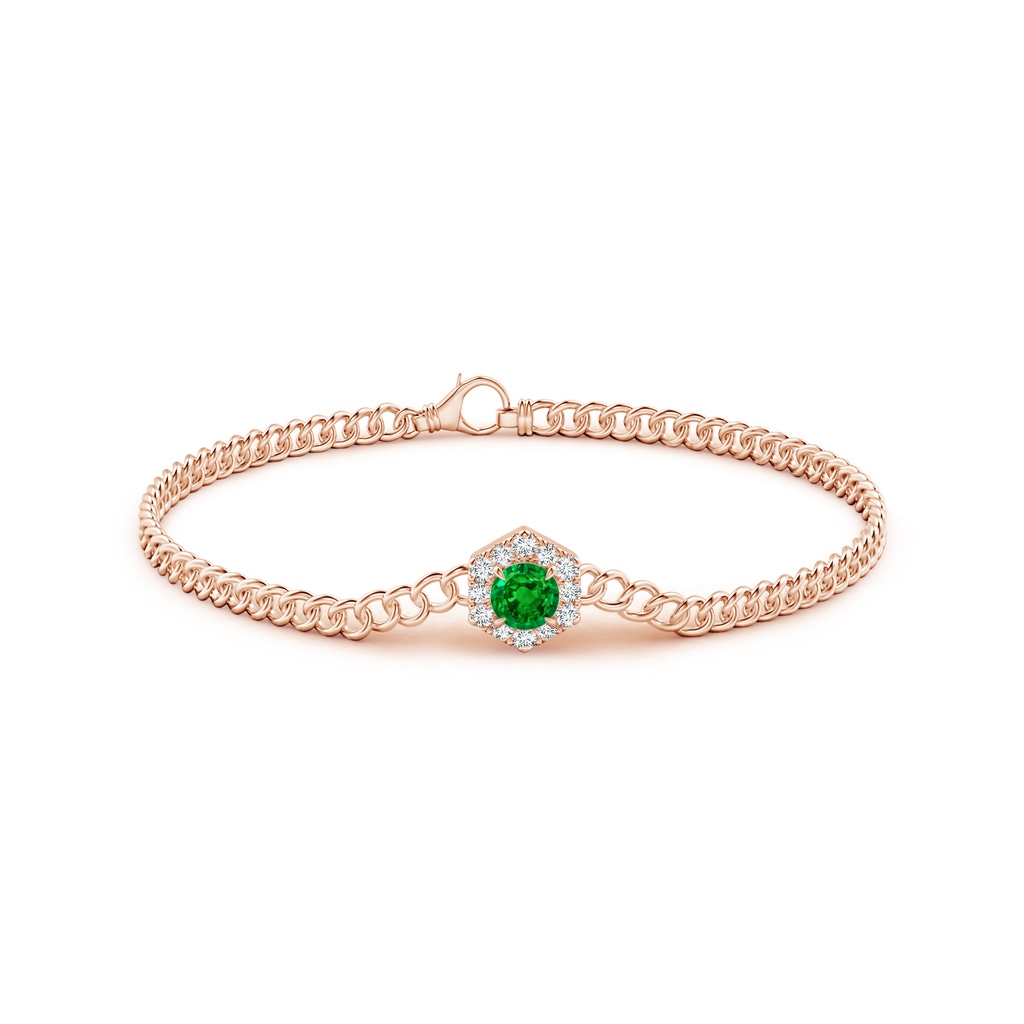 5mm AAAA Round Emerald Bracelet with Hexagonal Diamond Halo in Rose Gold Side 1