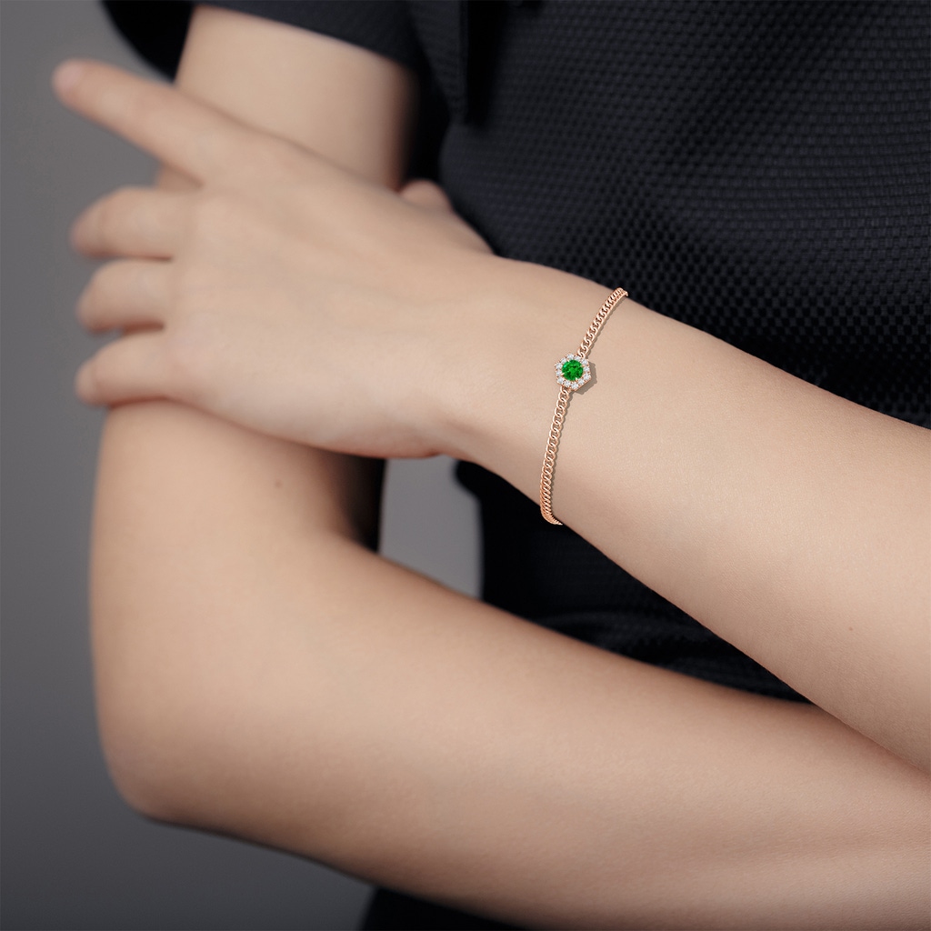 5mm AAAA Round Emerald Bracelet with Hexagonal Diamond Halo in Rose Gold Body-Hand