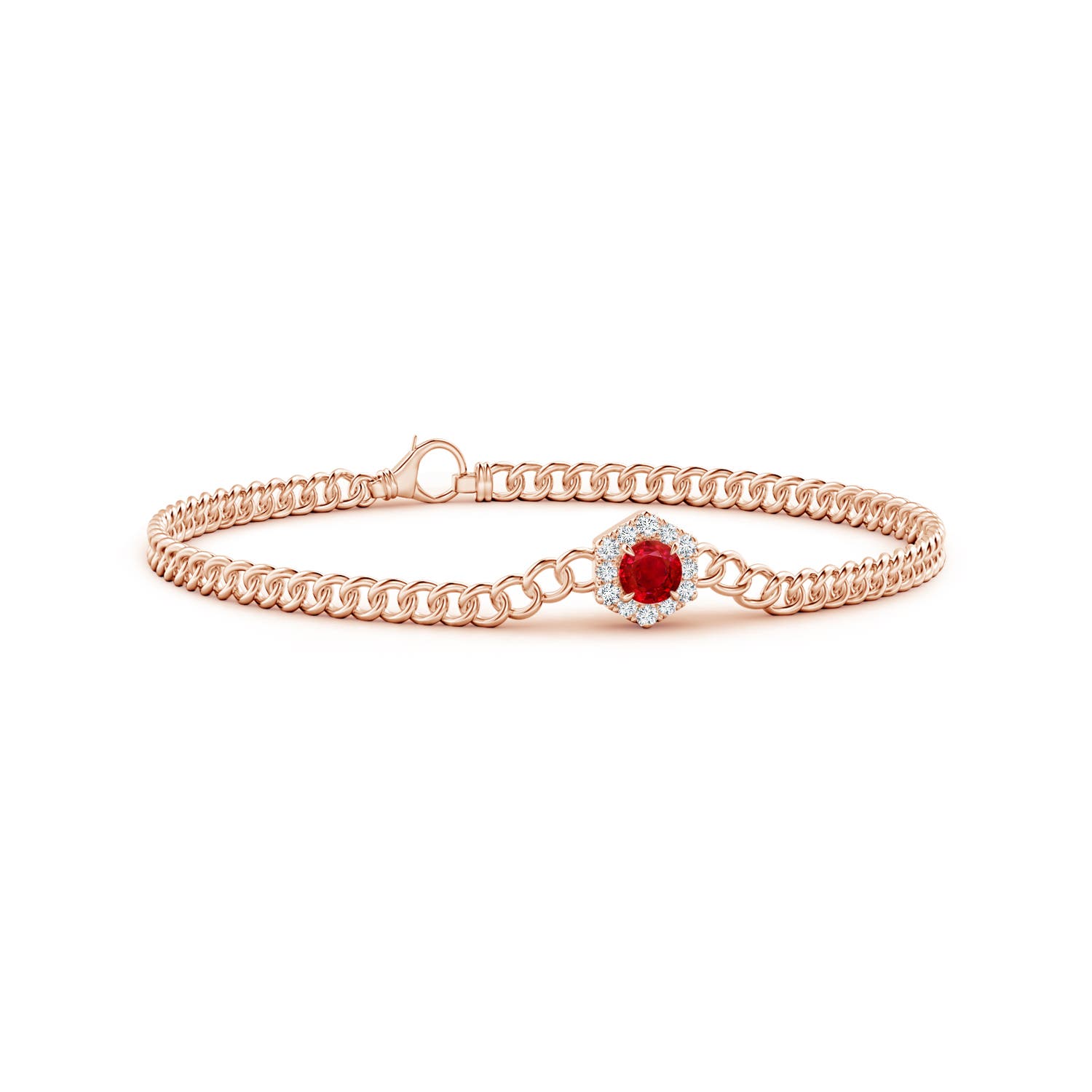 4mm AAA Round Ruby Bracelet with Hexagonal Diamond Halo in Rose Gold