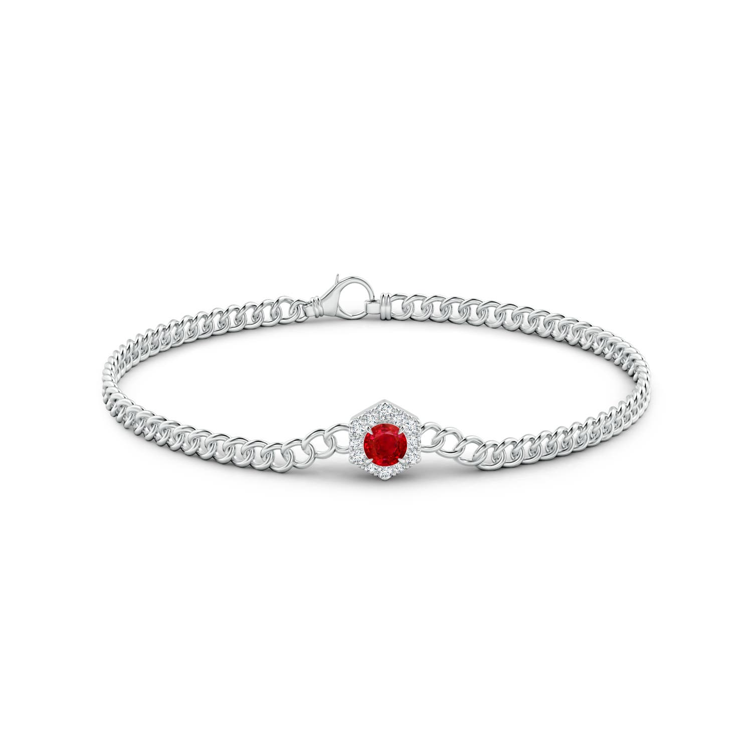 4mm AAA Round Ruby Bracelet with Hexagonal Diamond Halo in White Gold - side 1