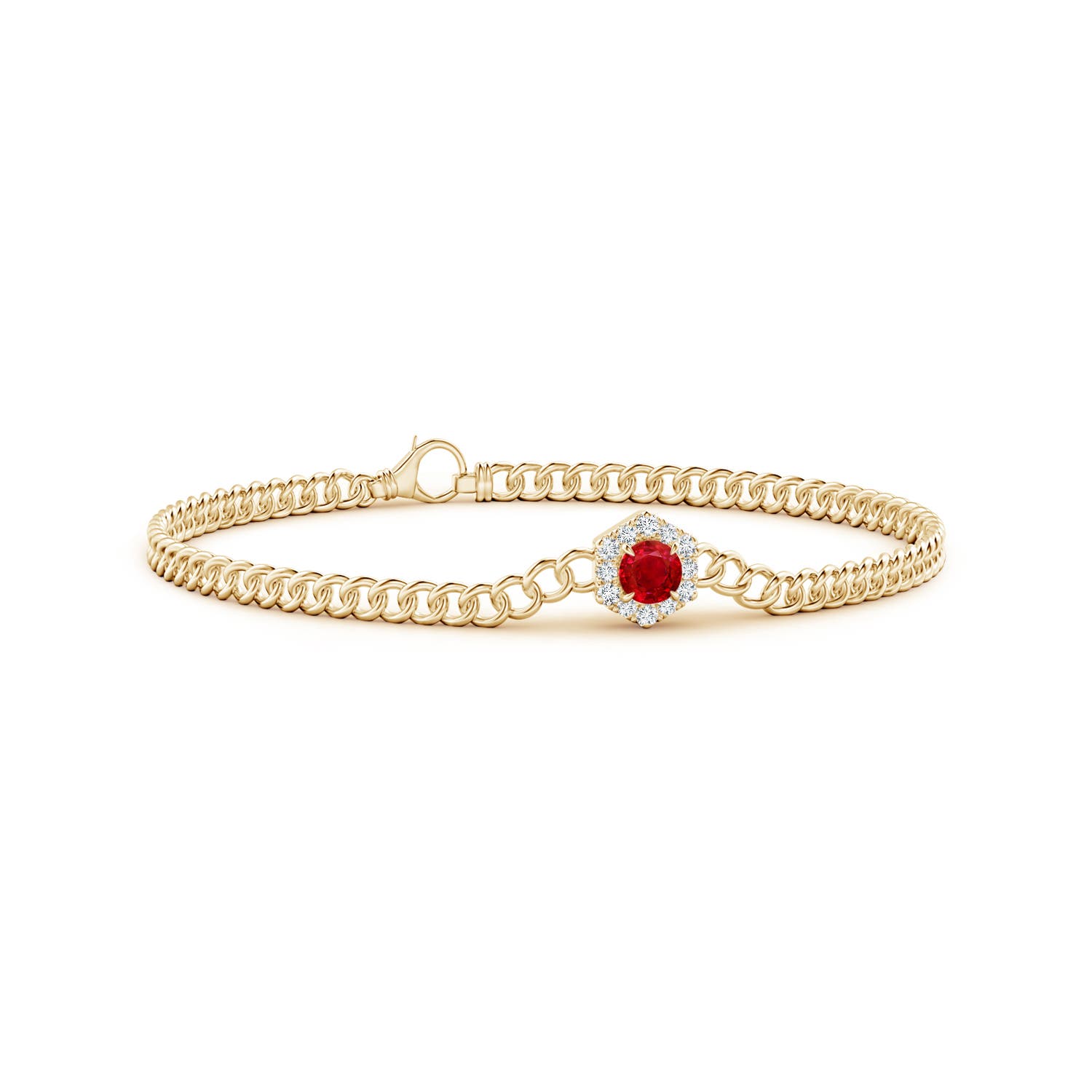 4mm AAA Round Ruby Bracelet with Hexagonal Diamond Halo in Yellow Gold