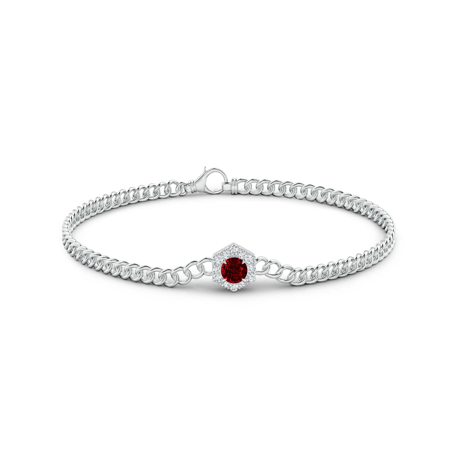 4mm AAAA Round Ruby Bracelet with Hexagonal Diamond Halo in White Gold
