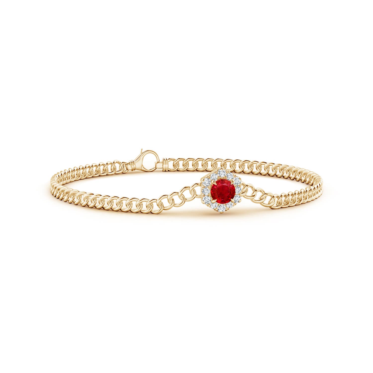 5mm AAA Round Ruby Bracelet with Hexagonal Diamond Halo in Yellow Gold