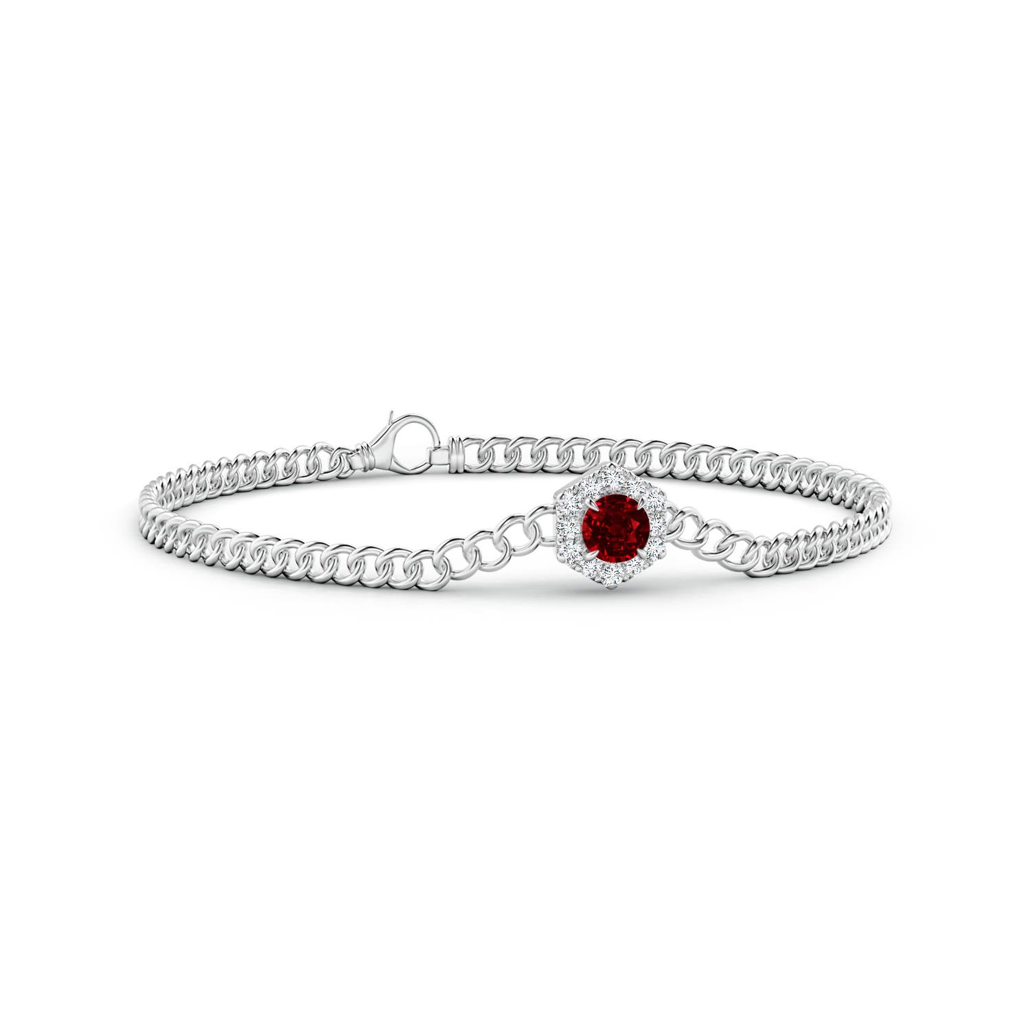 5mm AAAA Round Ruby Bracelet with Hexagonal Diamond Halo in White Gold