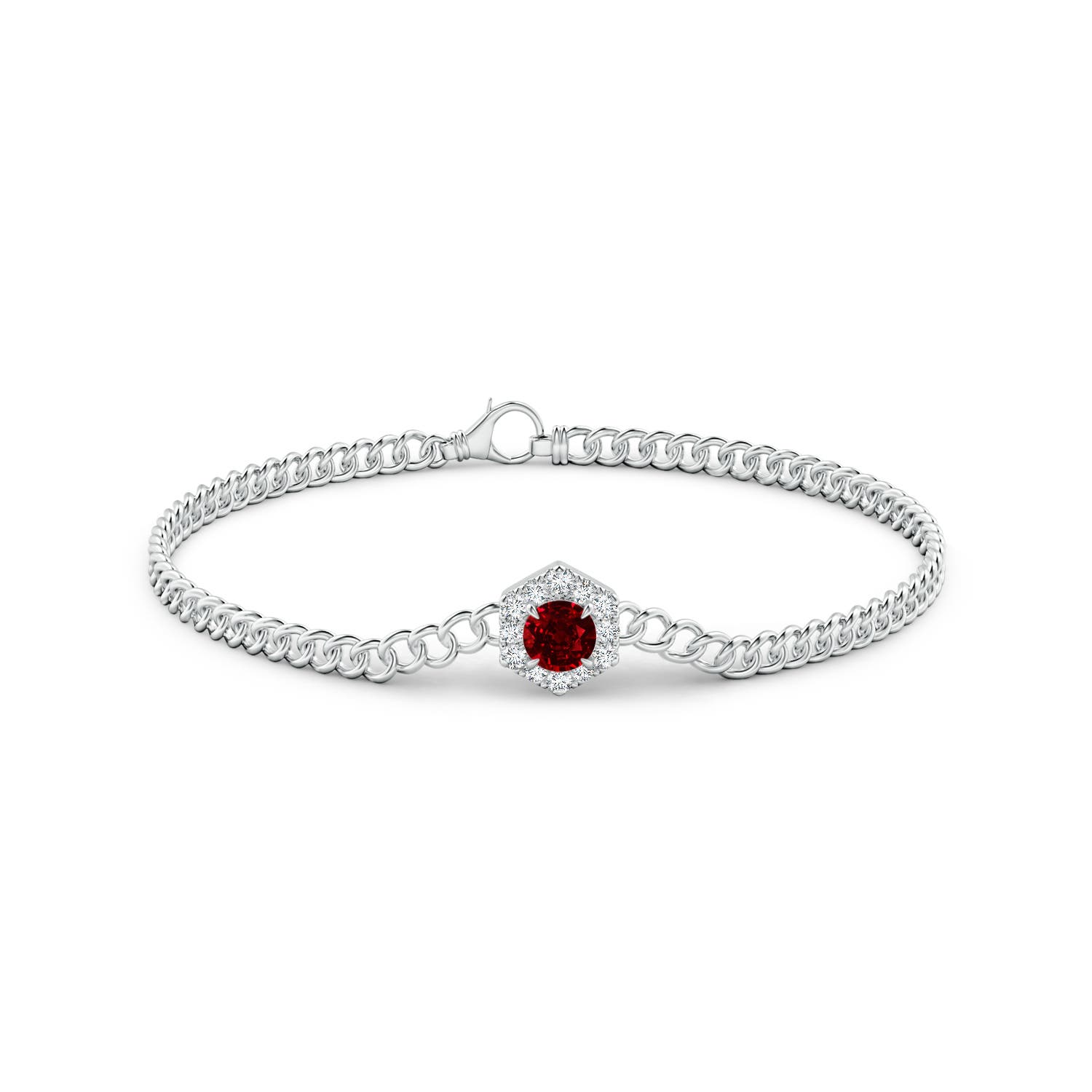 5mm AAAA Round Ruby Bracelet with Hexagonal Diamond Halo in White Gold