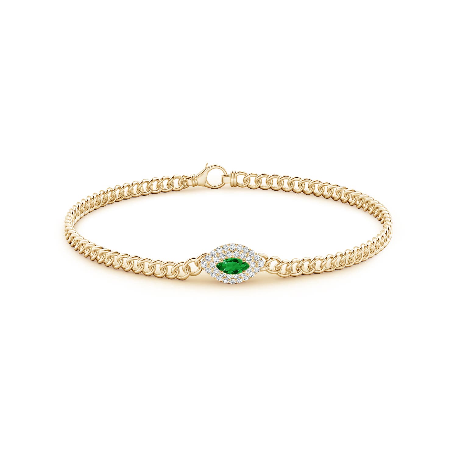 5x2.5mm AAA East West Marquise Emerald Double Halo Bracelet in Yellow Gold - side 1