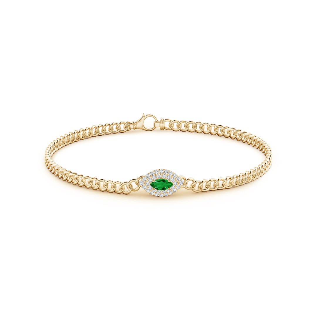 5x2.5mm AAA East West Marquise Emerald Double Halo Bracelet in Yellow Gold - side 1