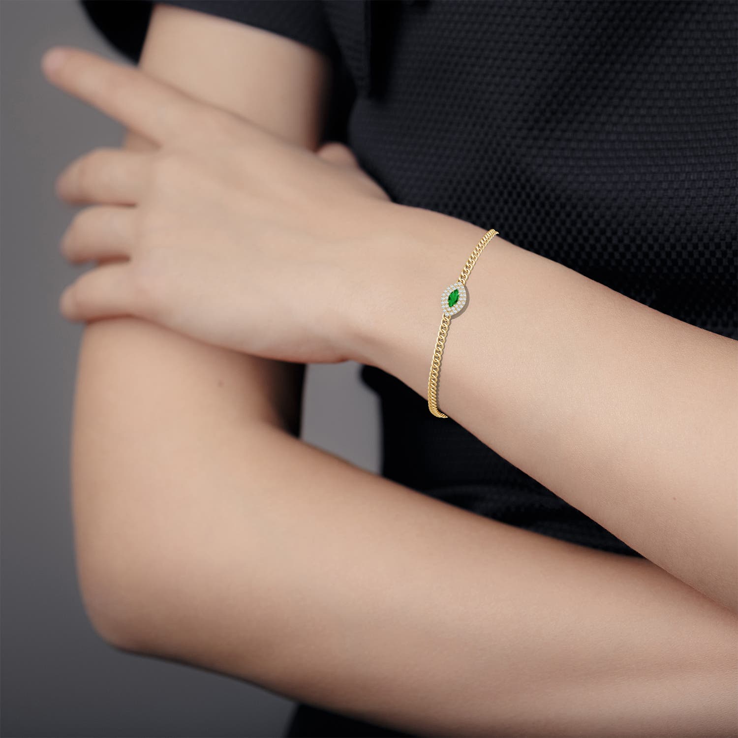5x2.5mm AAA East West Marquise Emerald Double Halo Bracelet in Yellow Gold - body_view 2
