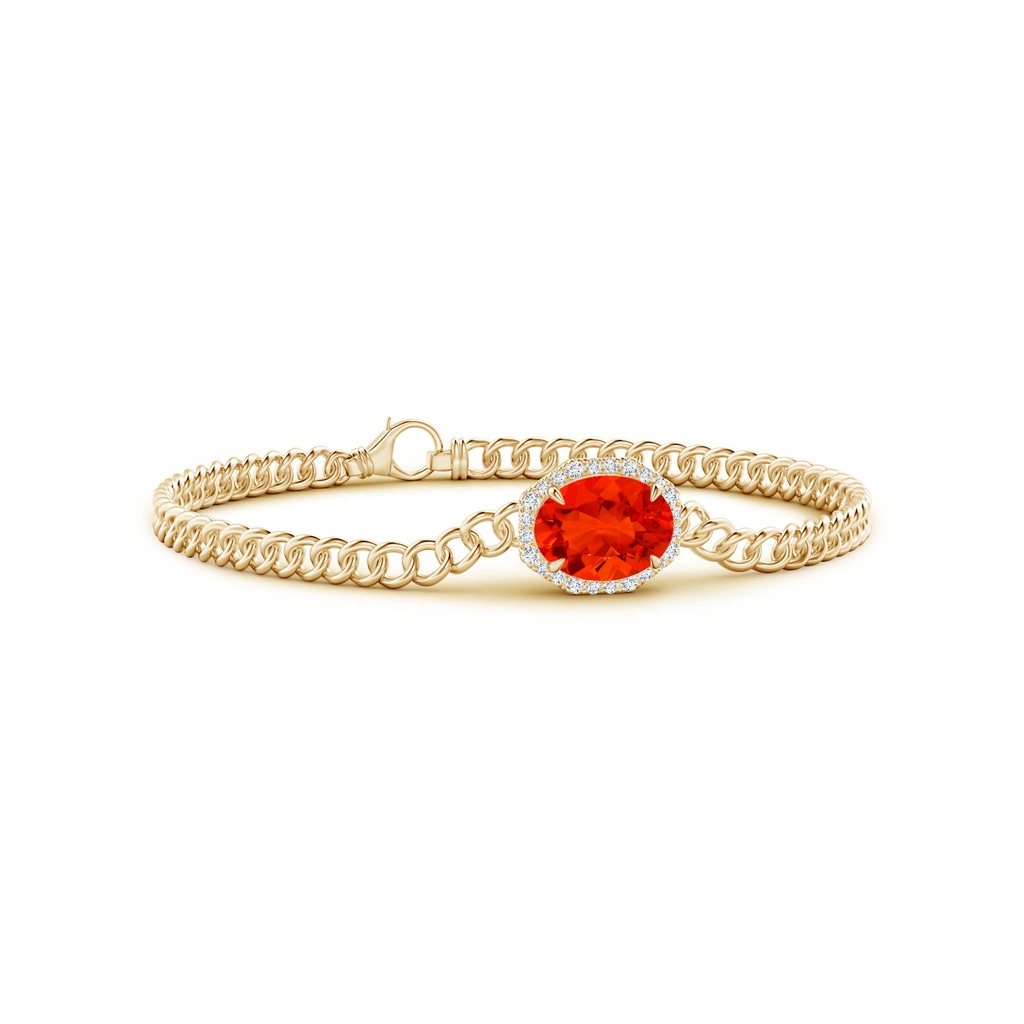 10x8mm AAAA Oval Fire Opal Bracelet with Octagonal Halo in Yellow Gold