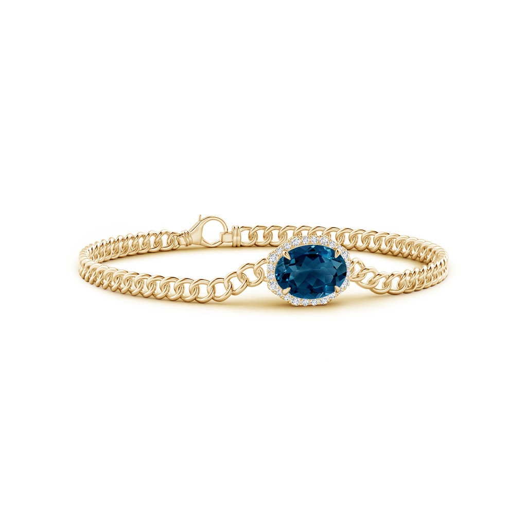 10x8mm AAAA Oval London Blue Topaz Bracelet with Octagonal Halo in Yellow Gold