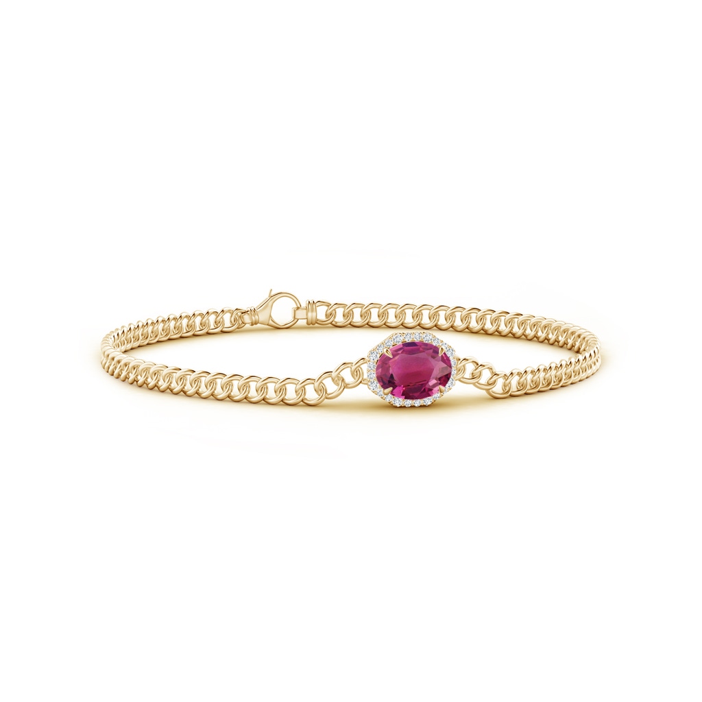 8x6mm AAAA Oval Pink Tourmaline Bracelet with Octagonal Halo in Yellow Gold