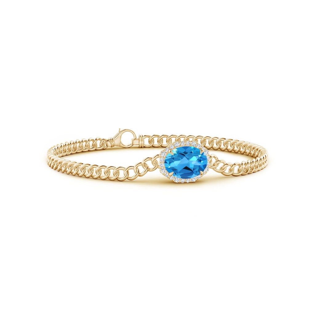 10x8mm AAAA Oval Swiss Blue Topaz Bracelet with Octagonal Halo in Yellow Gold