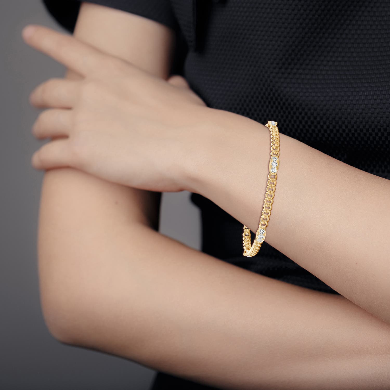 2.5mm HSI2 Three Stone Diamond Station Stackable Bracelet in Yellow Gold - body_view 2