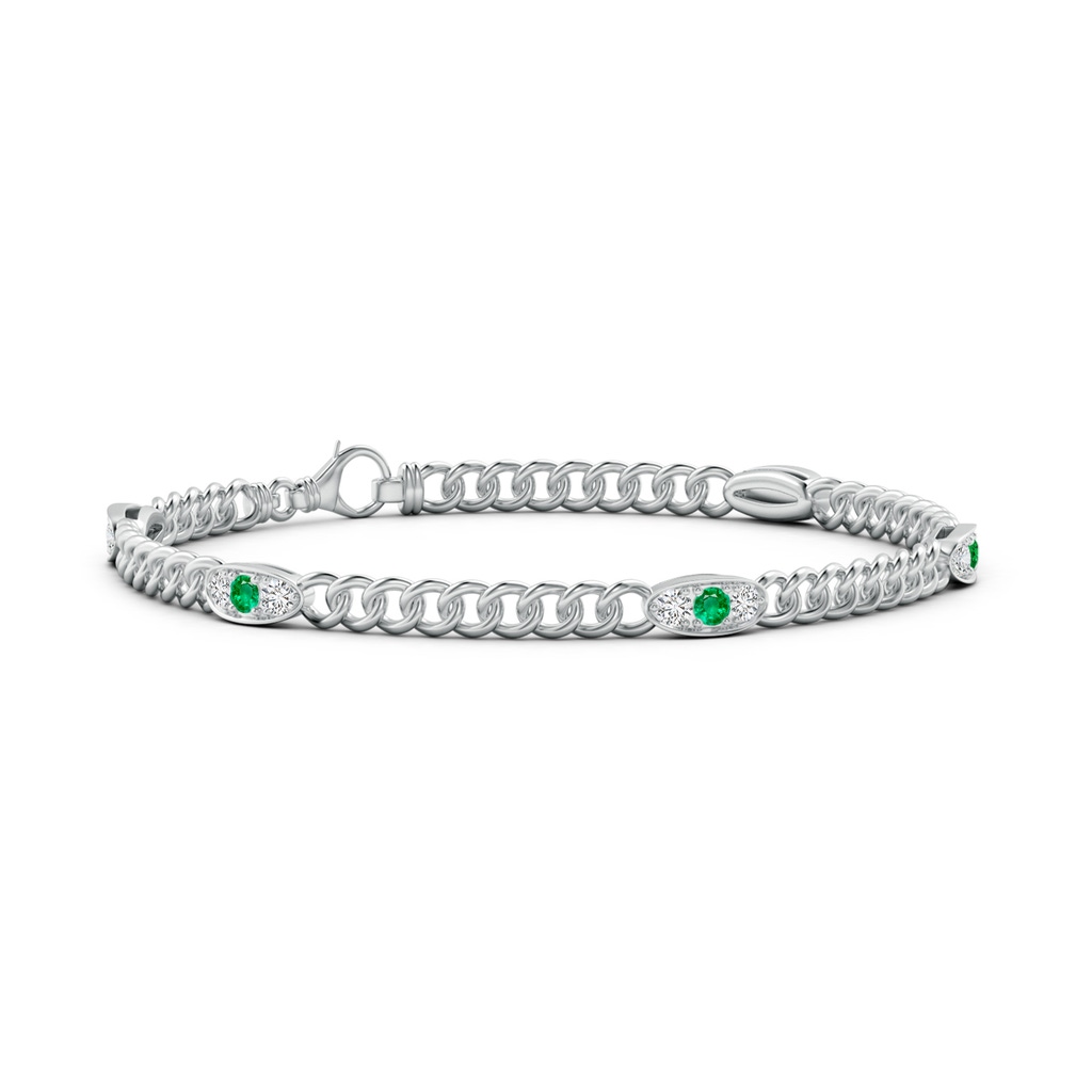 2.5mm AAA Three Stone Emerald and Diamond Station Stackable Bracelet in White Gold 