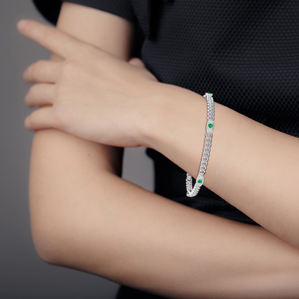 2.5mm AAA Three Stone Emerald and Diamond Station Stackable Bracelet in White Gold Body-Bra