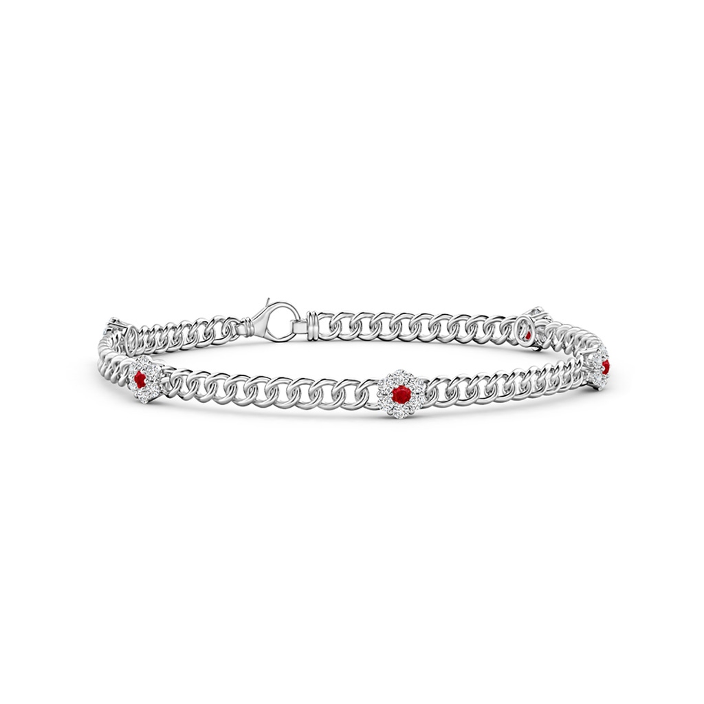 2mm AAA Ruby and Diamond Flower Cluster Station Bracelet in White Gold 