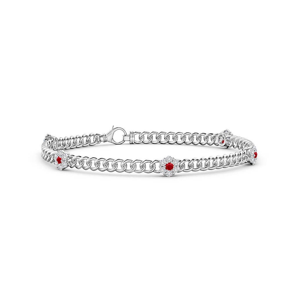 2mm AAA Ruby and Diamond Flower Clustre Station Bracelet in White Gold 