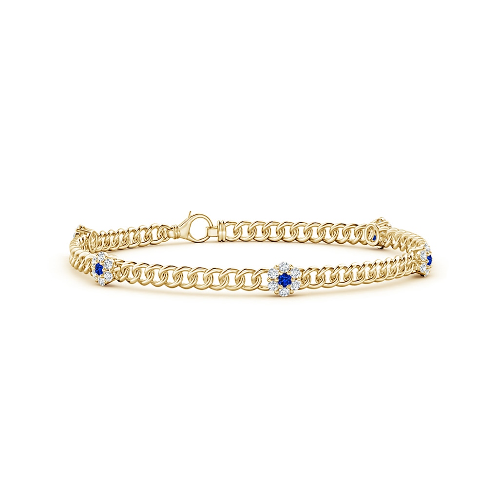 2mm AAAA Sapphire and Diamond Flower Clustre Station Bracelet in Yellow Gold
