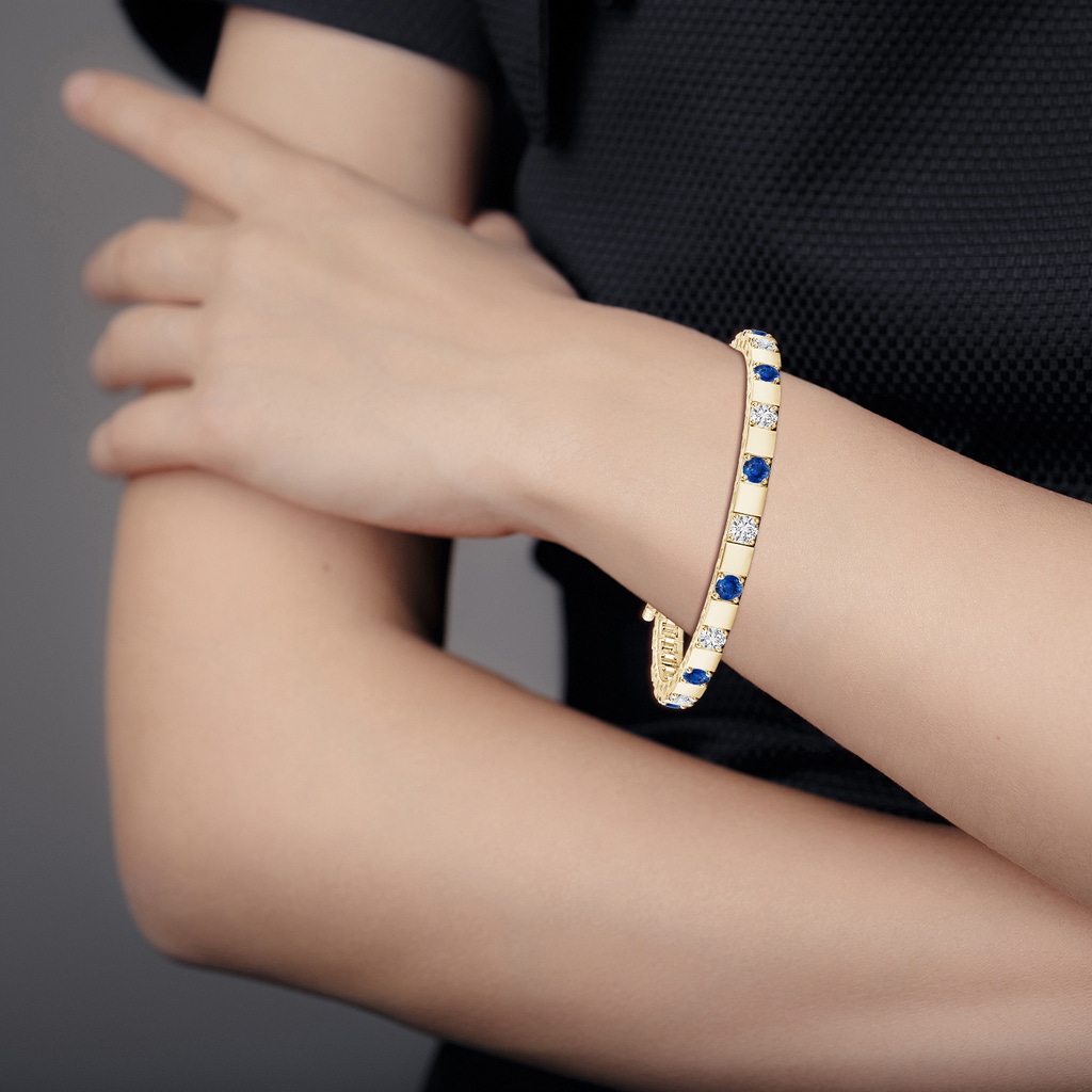3.5mm AAA Sapphire and Diamond Square Link Stackable Bracelet in Yellow Gold Body-Bra