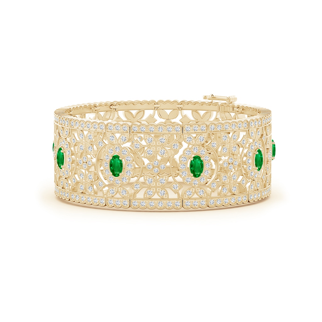 5x3mm AAAA Vintage Inspired Oval Emerald Bracelet with Diamonds in Yellow Gold