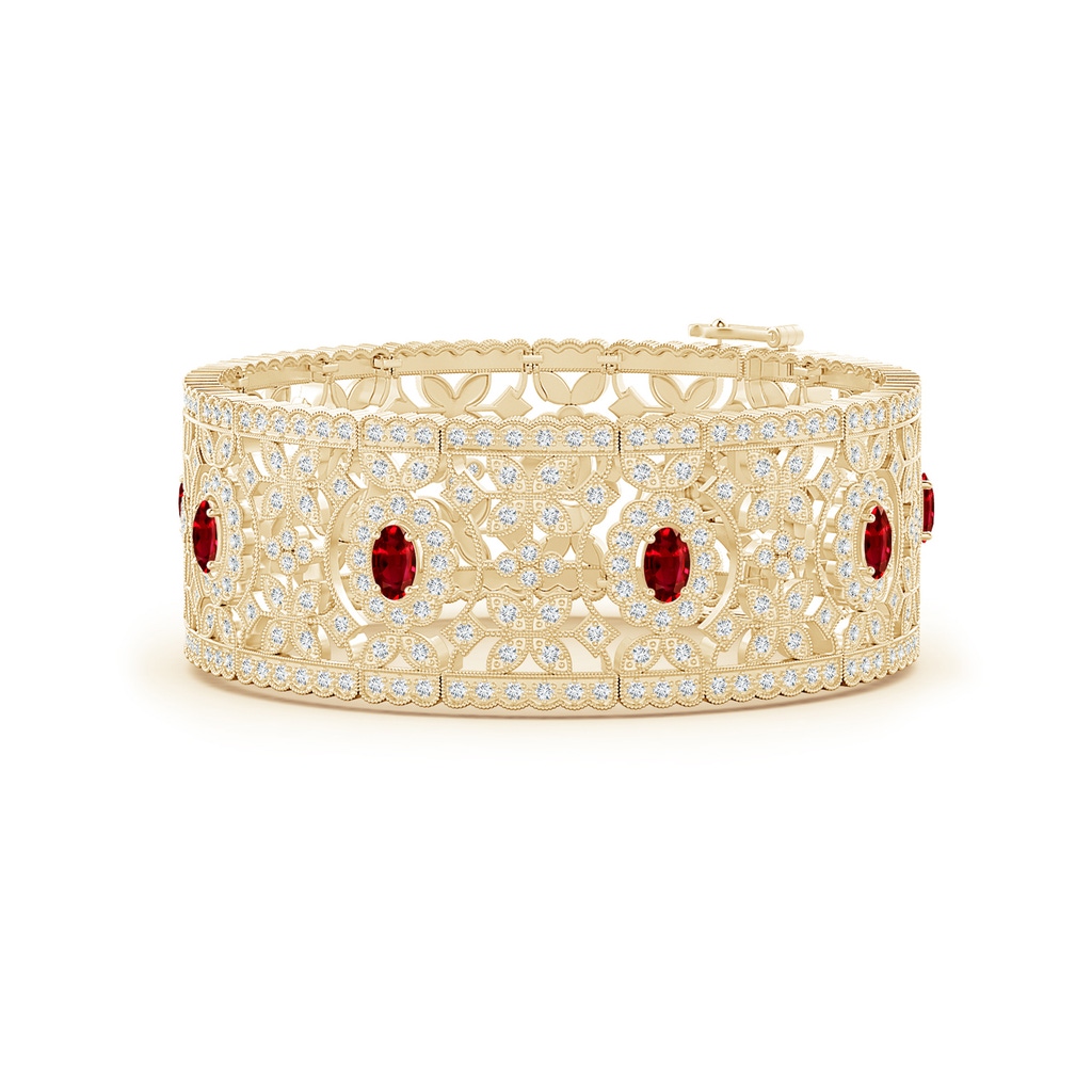 5x3mm AAAA Vintage Inspired Oval Ruby Bracelet with Diamonds in Yellow Gold
