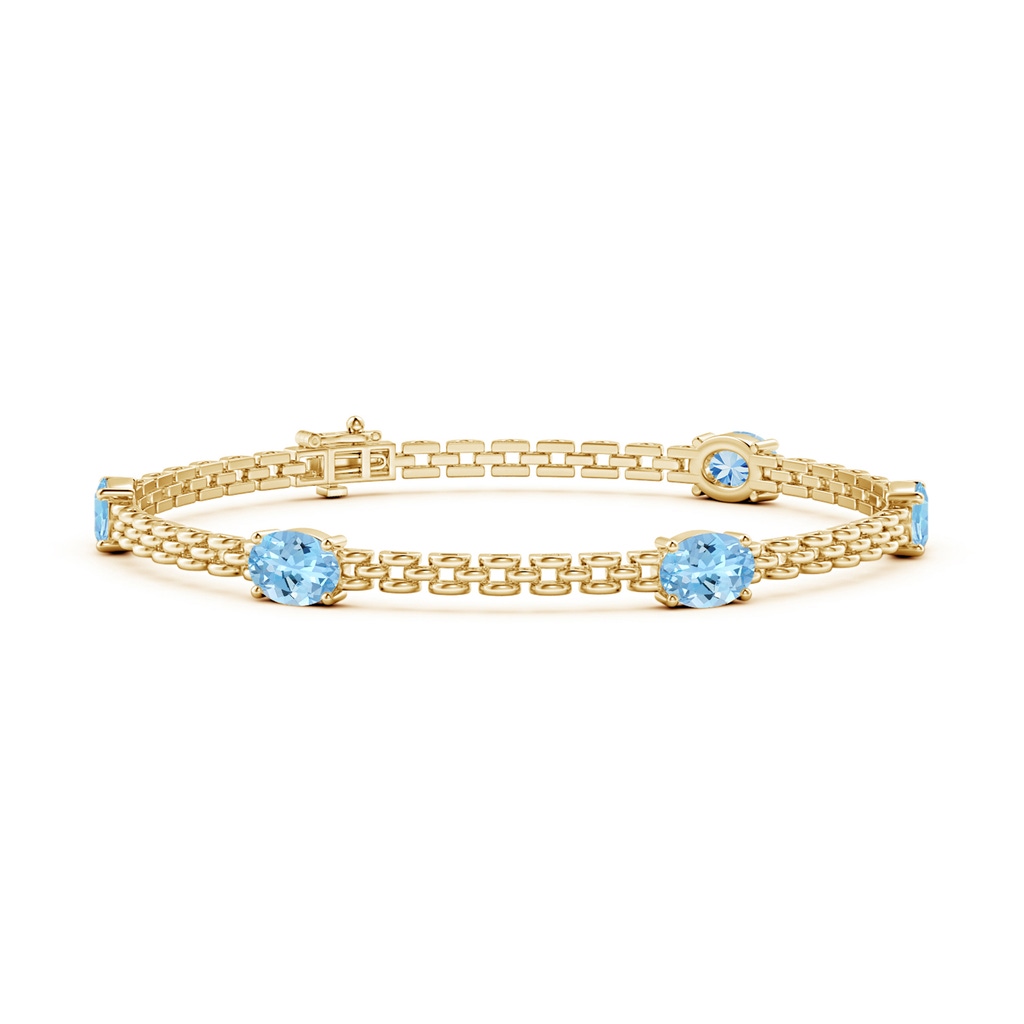 7x5mm AAAA Five Stone Oval Aquamarine Station Link Bracelet in Yellow Gold