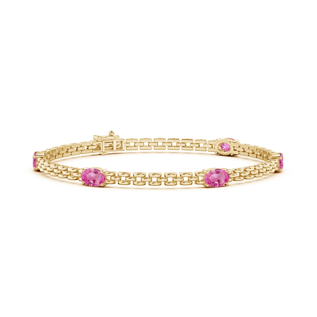 6x4mm AAA Five Stone Oval Pink Sapphire Station Link Bracelet in Yellow Gold