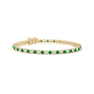2mm AAAA Classic Round Emerald and Diamond Tennis Bracelet in Yellow Gold