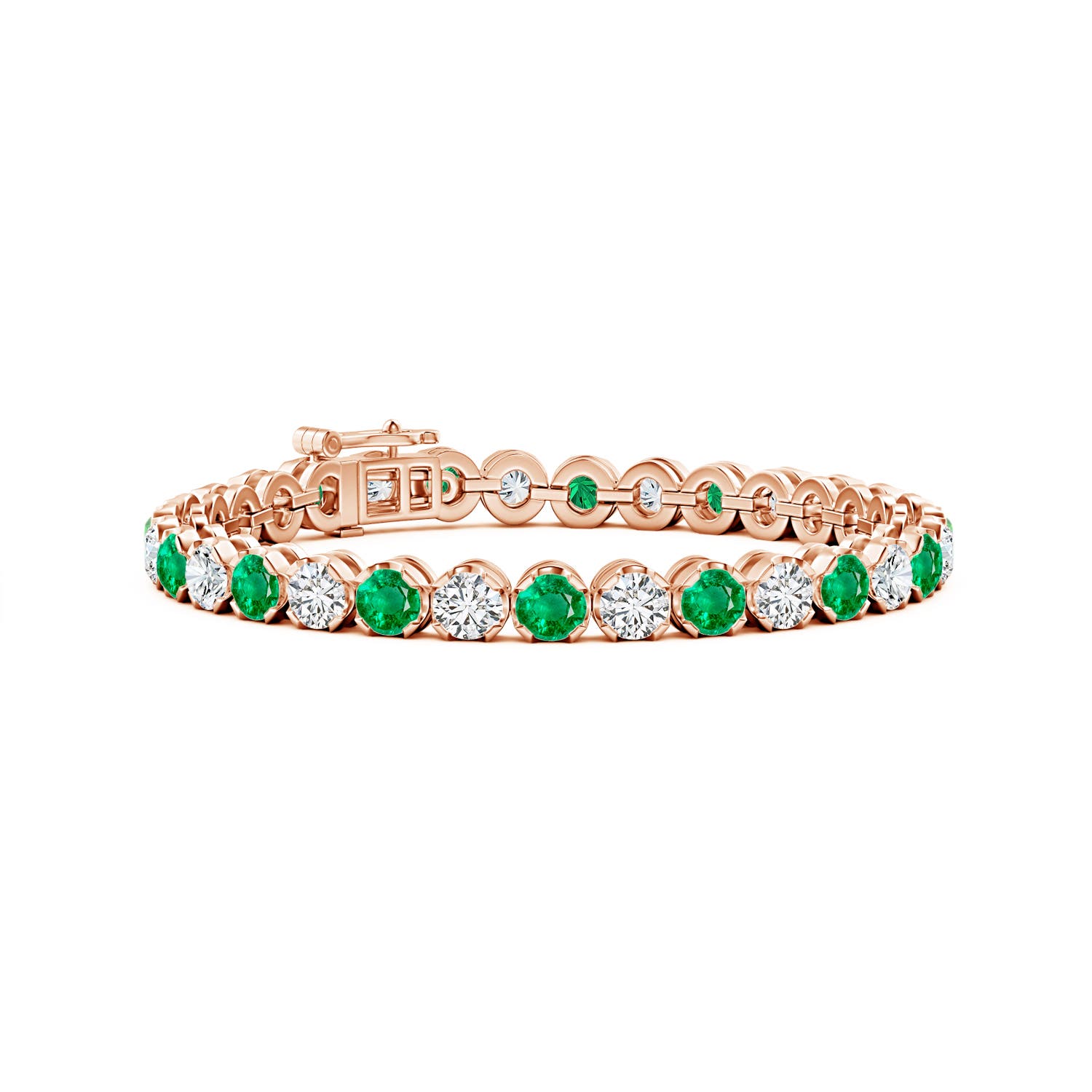 4.5mm AAA Classic Round Emerald and Diamond Tennis Bracelet in Rose Gold