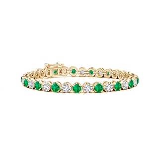 4mm AAA Classic Round Emerald and Diamond Tennis Bracelet in 9K Yellow Gold