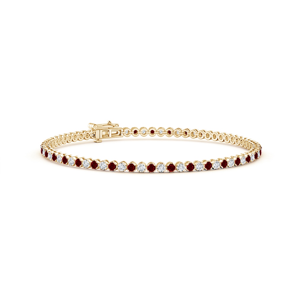 1.5mm AAAA Classic Round Ruby and Diamond Tennis Bracelet in Yellow Gold