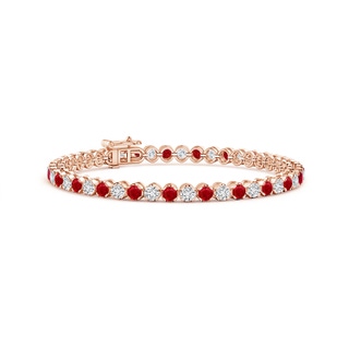 3mm AAA Classic Round Ruby and Diamond Tennis Bracelet in 9K Rose Gold