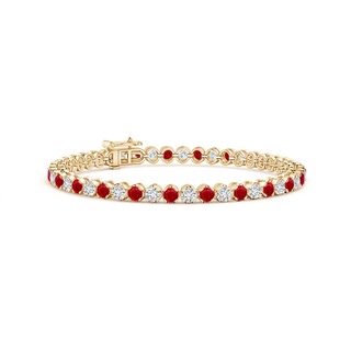 3mm AAA Classic Round Ruby and Diamond Tennis Bracelet in Yellow Gold