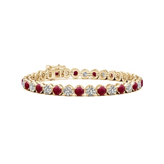 4mm A Classic Round Ruby and Diamond Tennis Bracelet in Yellow Gold