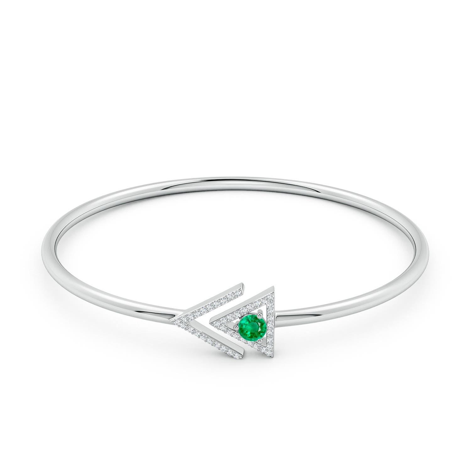 4mm AAA Emerald and Diamond Taurus Triangular Open Cuff Bracelet in White Gold - side 1