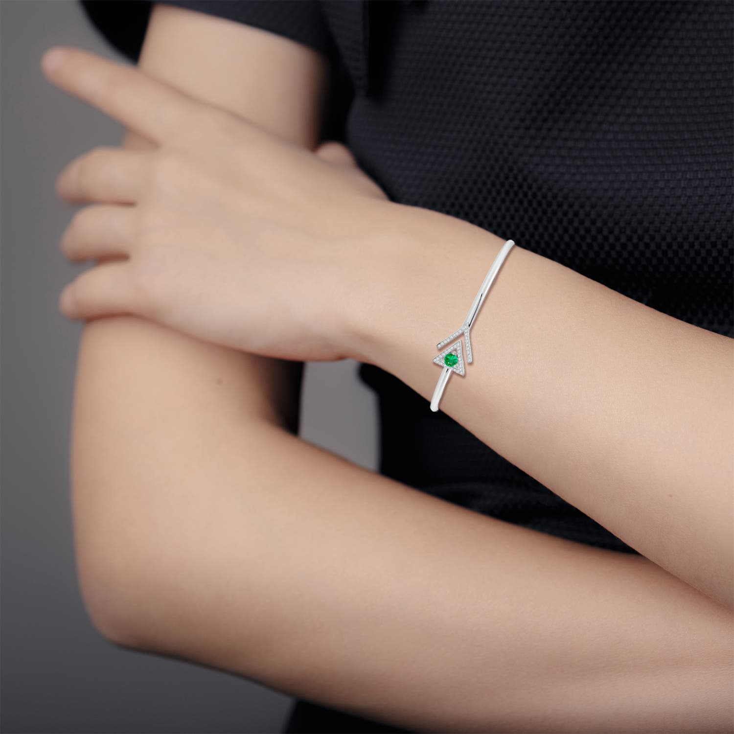 4mm AAA Emerald and Diamond Taurus Triangular Open Cuff Bracelet in White Gold - body_view 2