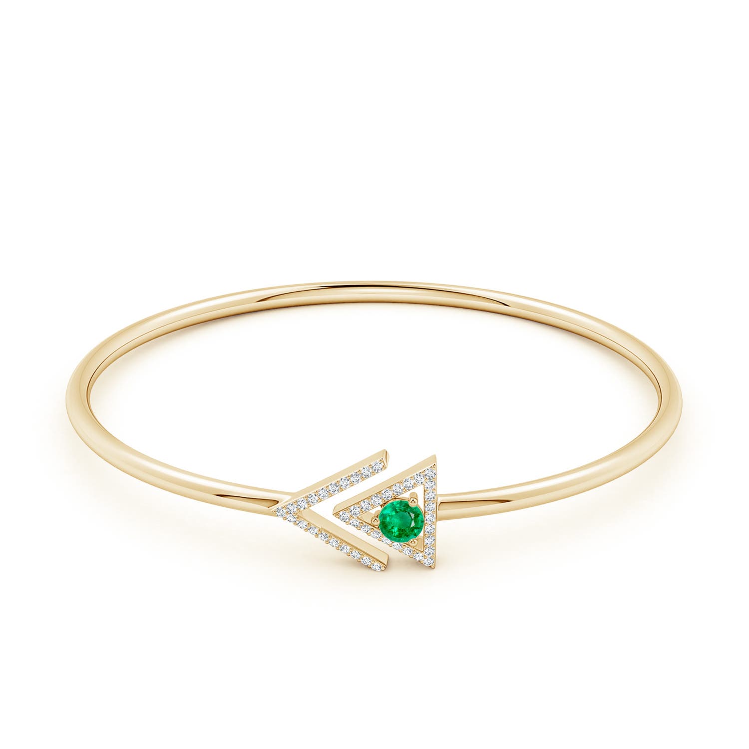 4mm AAA Emerald and Diamond Taurus Triangular Open Cuff Bracelet in Yellow Gold