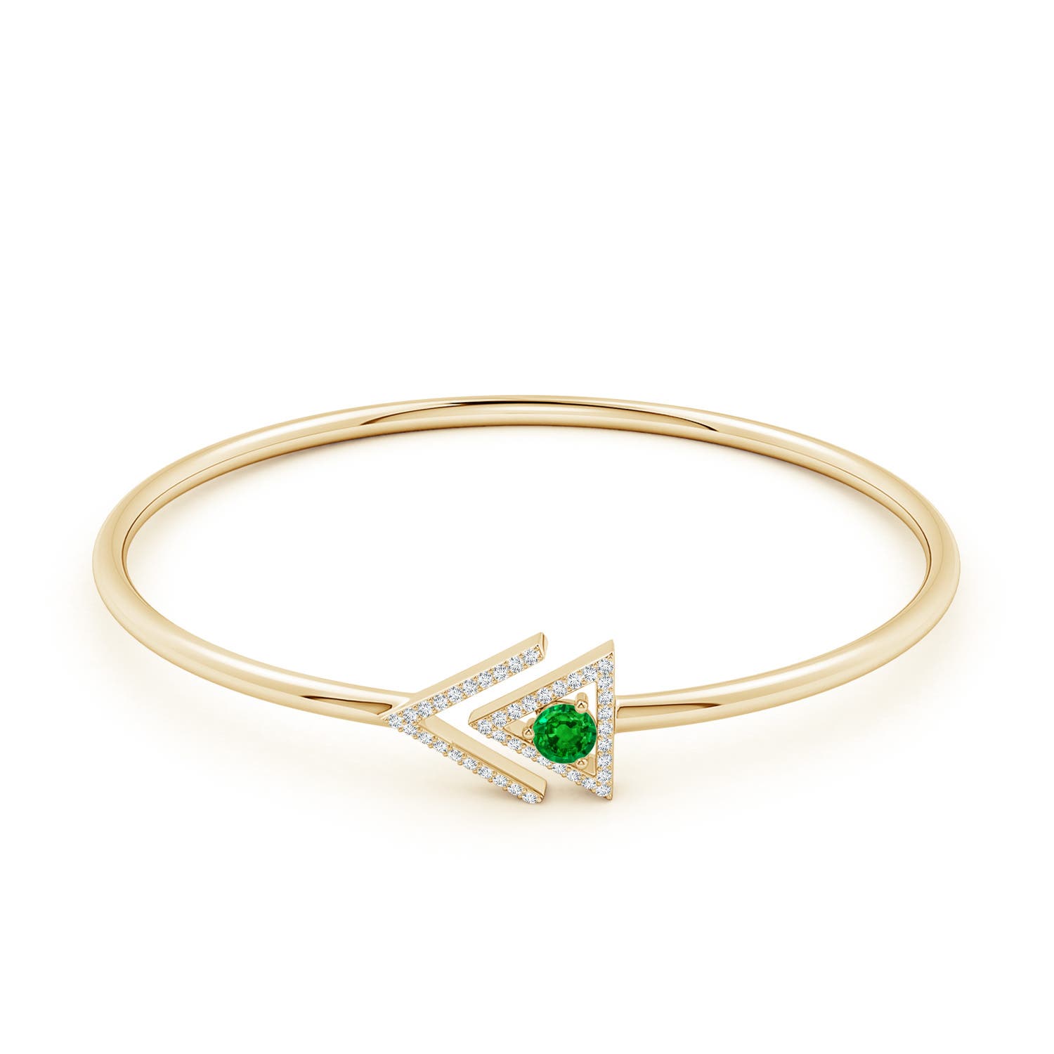 4mm AAAA Emerald and Diamond Taurus Triangular Open Cuff Bracelet in Yellow Gold - side 1