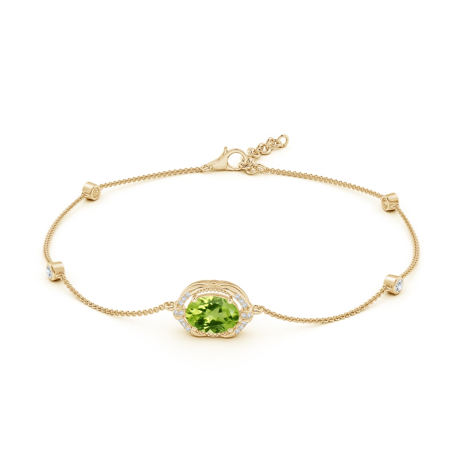 9x7mm AAA Vintage Style Oval Peridot and Diamond Leo Station Bracelet in Yellow Gold side-1