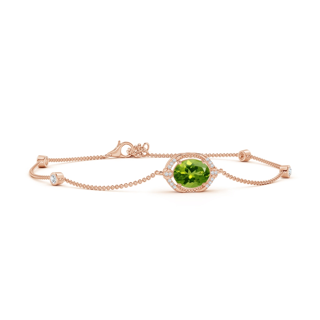 9x7mm AAAA Vintage Style Oval Peridot and Diamond Leo Station Bracelet in Rose Gold