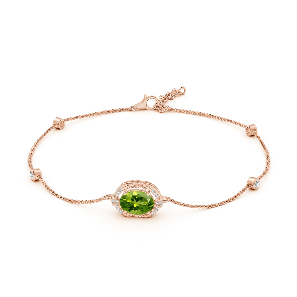 9x7mm AAAA Vintage Style Oval Peridot and Diamond Leo Station Bracelet in Rose Gold Side-1