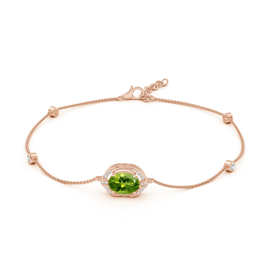 9x7mm AAAA Vintage Style Oval Peridot and Diamond Leo Station Bracelet in Rose Gold side-1